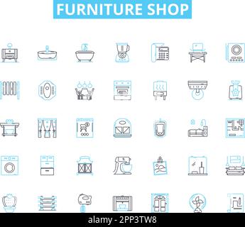 Set icone lineari per mobili. Divani, Sedie, Tavoli, Letti, Comò, Librerie, linee ottomane vettoriali e segnali concettuali. Poltrone reclinabili, scrivanie, armadietti Illustrazione Vettoriale