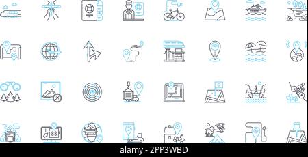 Set di icone lineari per il tracciamento della posizione. Geolocalizzazione, tracciamento, GPS, navigazione, Mappa, Posizionamento, vettore di linea di mobilità e segnali concettuali. Basato sulla posizione Illustrazione Vettoriale