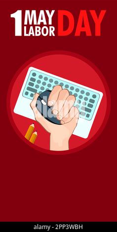 Un pugno con mouse e tastiera su sfondo rosso per festeggiare il 1st maggio. Giornata internazionale del lavoro. Giornata del lavoratore. Illustrazione Vettoriale