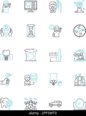 set di icone lineari per forniture fisse. Penne, matite, pennarelli, evidenziatori, laser, Righelli, blocchi di linee e segnali concettuali. Note adesive Illustrazione Vettoriale