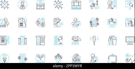 Set di icone lineari per il raggiungimento dei contenuti multimediali. Pitching, pubblicità, giornalisti, comunicati stampa, collegamenti, Interviste, vettore di linea di copertura dei media e concetto Illustrazione Vettoriale