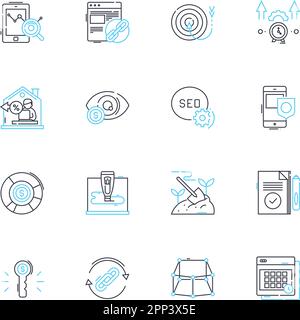 Set di icone lineari per la percezione del marchio. Trusrthy, autenticità, reputazione, riconoscimento, fedeltà, Percezione, vettore di linea di identità e segnali concettuali Illustrazione Vettoriale
