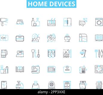 Set di icone lineari per dispositivi domestici. Intelligente, automazione, sicurezza, efficienza, connesso, Segnaletica concettuale e vettoriale a risparmio energetico. Comfort Illustrazione Vettoriale