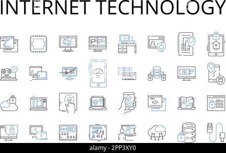 Collezione di icone della linea di tecnologia Internet. Hardware per computer, social media, comunicazione digitale, dispositivi mobili, tecnologia dell'informazione, Wireless Illustrazione Vettoriale