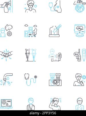 Set di icone lineari per il settore sanitario remoto. TeleHealth, Telemedicina, Assistenza sanitaria virtuale, e-Health, Teleconsulto, Monitoraggio remoto, linea di teleterapia Illustrazione Vettoriale