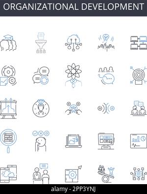 Raccolta di icone della linea di sviluppo organizzativo. Strategia aziendale, gestione dei progetti, sviluppo dei prodotti, programmi di apprendimento, formazione per la leadership Illustrazione Vettoriale