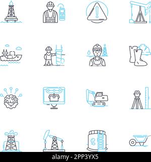Set di icone lineari per impianti di produzione. Automazione, assemblaggio, attrezzatura, produzione, qualità, Efficienza, vettore di linea di manutenzione e segnali concettuali Illustrazione Vettoriale