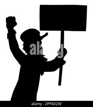 Uomo bearato con berretto, protesta con pugno rialzato e regge un bastone con targhetta in silhouette scura su sfondo bianco. Illustrazione Vettoriale