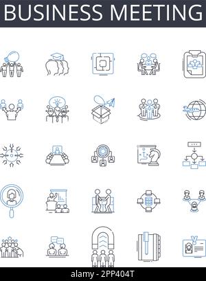 Collezione di icone della linea di riunione aziendale. Team building, riunione del consiglio di amministrazione, presentazione delle vendite, conference call, sessione esecutiva, Briefing in ufficio, barzaietta del personale Illustrazione Vettoriale