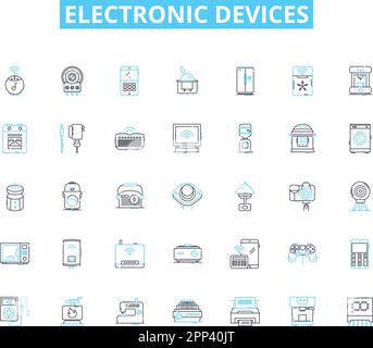 Set di icone lineari per dispositivi elettronici. Smartph, tablet, notebook, desktop, smartwatch, Headphs, Speakers vettore di linea e segnali concettuali. Fotocamera, Dr, gioco Illustrazione Vettoriale