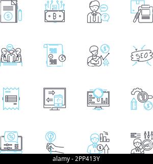 Set di icone lineari per la pianificazione strategica. Previsione, analisi, definizione degli obiettivi, visione, esecuzione, Allocazione delle risorse, vettore di linea di prioritizzazione e. Illustrazione Vettoriale