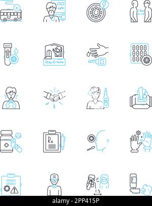 Set di icone lineari per la protezione del computer. Firewall, antivirus, malware, spyware, privacy, Hacker, truffe vettore di linea e segnali concettuali. Sicurezza informatica Illustrazione Vettoriale
