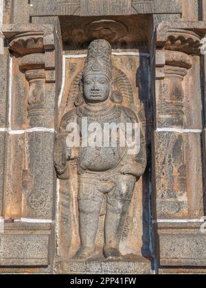 Sul gopuram del tempio Nataraja sono scolpiti idoli, uno dei cinque templi più sacri di Shiva, ognuno dei quali simboleggia uno dei cinque elementi della natura Foto Stock