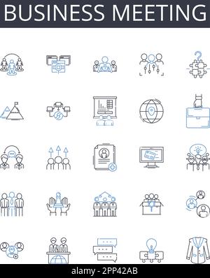 Collezione di icone della linea di riunione aziendale. Team building, riunione del consiglio di amministrazione, presentazione delle vendite, conference call, sessione esecutiva, Briefing in ufficio, barzaietta del personale Illustrazione Vettoriale