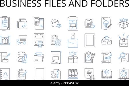 Raccolta di icone delle linee di file e cartelle aziendali. Documenti di lavoro, documenti aziendali, documenti aziendali, file aziendali, archivi di Office, Amministrazione Illustrazione Vettoriale