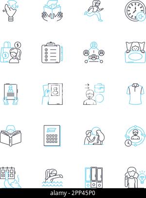 Set di icone lineari per prodotti cartacei. Statiry, notebook, diario, giornale, carta intestata, Blocco note, tracciamento del vettore di linea della carta e segnali concettuali. Carta per copie Illustrazione Vettoriale