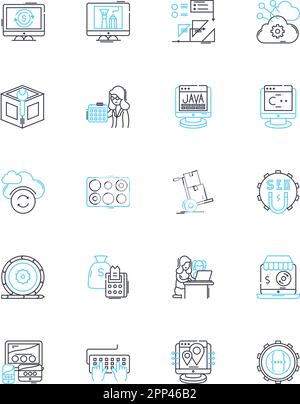 Tecniche di codifica set di icone lineari. Algoritmi, sintassi, debug, ottimizzazione, pseudocodice, Refactoring, vettore di linea di astrazione e segnali concettuali Illustrazione Vettoriale