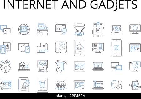 Collezione di icone della linea gadjets e Internet. World Wide Web, Cyberspace, Online, Nerk, Web, Digitale, informazione superstrada vettoriale e lineare Illustrazione Vettoriale