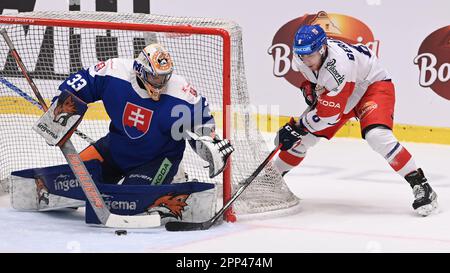 Ostrava, Repubblica Ceca. 21st Apr, 2023. Stanislav Skorvanek (SVK) e Ondrej Beranek (CZE) in azione durante la partita Euro Hockey Challenge: Czechia vs Slovacchia, il 21 aprile 2023, a Ostrava, Repubblica Ceca. Credit: Jaroslav Ozana/CTK Photo/Alamy Live News Foto Stock