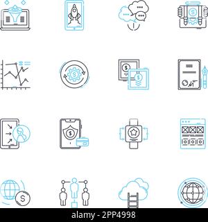Set di icone lineari per la gestione commerciale. Approvvigionamento, contratti, negoziazione, pianificazione, rischio, Costo, vettore di linea di bilancio e segnali di concetto Illustrazione Vettoriale
