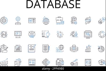 Raccolta di icone della riga del database. Sistema di memorizzazione dati, software di gestione dati, repository digitale, Information warehouse, strumento di gestione dei record Illustrazione Vettoriale