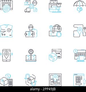 Set di icone lineari per soluzioni di magazzino. Storage, Logistica, inventario, adempimento, distribuzione, Insegne di imballaggio, linee di spedizione e segnali di concetto Illustrazione Vettoriale