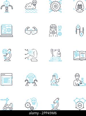 Set di icone lineari per macchinari innovativi. Automazione, robotica, precisione, all'avanguardia, futuristica, Segnali vettoriali e concettuali avanzati ed efficienti Illustrazione Vettoriale