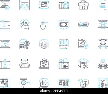 Icone lineari dei dispositivi impostate. Smartph, notebook, tablet, desktop, smartwatch, Stampante, vettore di linea della fotocamera e segnali concettuali. Proiettore, tastiera, mouse Illustrazione Vettoriale