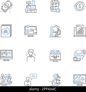 Credito Investor linea icone raccolta. Investimento, finanziamento, credito, portafoglio, diversificazione, Cartolarizzazione, vettore di resa e lineare Illustrazione Vettoriale