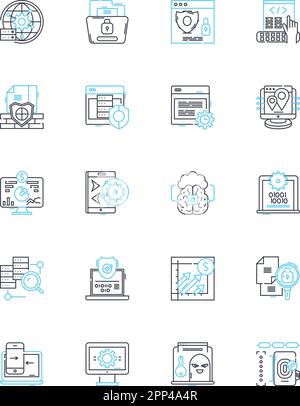 Set di icone lineari per l'elaborazione software. Algoritmo, API, applicazione, byte, compilatore, Database, vettore di linea di debug e segnali concettuali. Crittografia Illustrazione Vettoriale