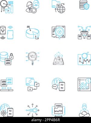 Ricerca di mercato set di icone lineari. Dati demografici, sondaggi, campionamento, branding, gruppi di interesse, Feedback, vettore di linea del pubblico target e segnali concettuali Illustrazione Vettoriale