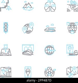 Set di icone lineari per il tracciamento della posizione. Geolocalizzazione, tracciamento, GPS, navigazione, Mappa, Posizionamento, vettore di linea di mobilità e segnali concettuali. Basato sulla posizione Illustrazione Vettoriale