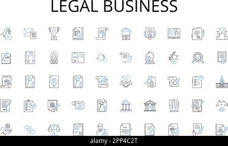 Raccolta di icone della linea commerciale legale. Produttività, efficienza, gestione, organizzazione, responsabilità, Flusso di lavoro, vettore di collaborazione e lineare Illustrazione Vettoriale