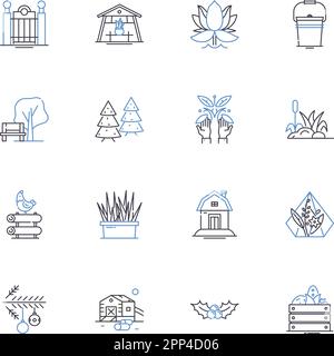 Collezione di icone della linea di irrigazione. Sprinkler, siccità, pioggia, irrigazione, irrigazione, Spray, vettore prato e illustrazione lineare. Giardino, sistema, piante Illustrazione Vettoriale