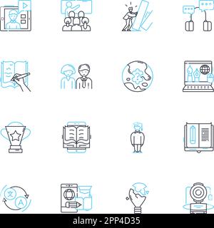 Set di icone lineari per tutorial e-learning. Online, corso, istruzioni, lezione, classe, Lezione, tutorial vettore di linea e segnali concettuali. Apprendimento, istruzione Illustrazione Vettoriale