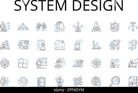 Collezione di icone della linea di progettazione del sistema. Pianificazione strategica, controllo di bilancio, ricerca di marketing, analisi dei dati, gestione finanziaria, Gestione dei progetti Illustrazione Vettoriale