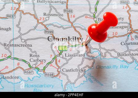 Segnatura sulla mappa Clonakilty, Irlanda. Foto Stock