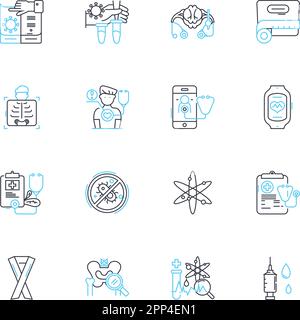 Set di icone lineari Telemedicine Service. Virtuale, online, remoto, TeleHealth, e-Health, Telefare, Telemonitoring line vector e concept signs Illustrazione Vettoriale
