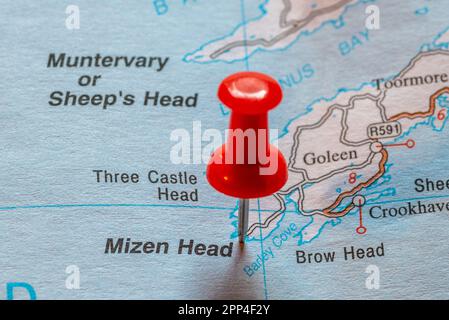 Pin nella mappa di marcatura Mizen Head, Co Cork, Irlanda. Foto Stock