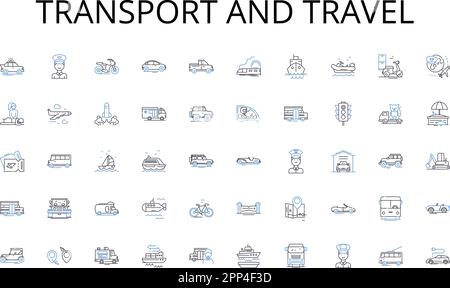 Collezione icone linee di trasporto e di viaggio. Strategia, tattiche, analisi, consumatore, coinvolgimento, Branding, vettore di segmentazione e illustrazione lineare Illustrazione Vettoriale