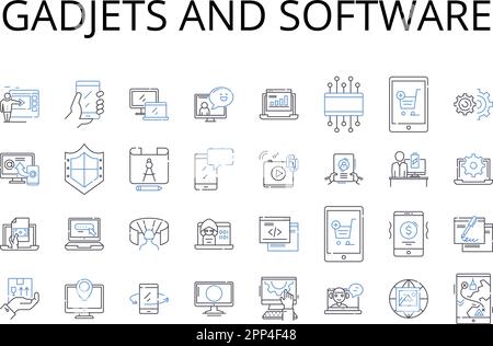 GADJETS e la collezione di icone della linea software. Dispositivi, Strumenti, appliance, programmi, applicazioni, Utilità, vettore piattaforme e illustrazione lineare Illustrazione Vettoriale