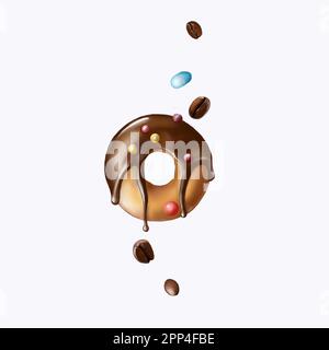 ciambella, cioccolato, glassa bianca, chicchi di caffè. Le illustrazioni sono disegnate su un tablet digitale, su uno sfondo bianco. Disegnato a mano. Foto Stock