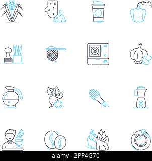 Set di icone lineari per bar espresso. Caffè, barista, espresso, latte, cappuccino, Decaf, vettore a doppia linea e segnali concettuali. Foto,Mocha,contorno macchiato Illustrazione Vettoriale