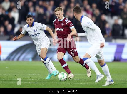 Flynn Downes of West Ham United durante la partita di calcio di West Ham United contro KAA Gent, UEFA Europa Conference League Foto Stock