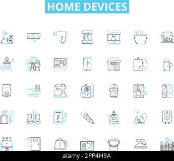 Set di icone lineari per dispositivi domestici. Intelligente, automazione, sicurezza, efficienza, connesso, Segnaletica concettuale e vettoriale a risparmio energetico. Comfort Illustrazione Vettoriale