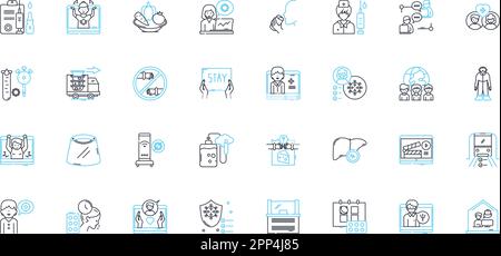 Set di icone lineari diffusione virus. Contagio, infettivo, focolaio, epidemia, pandemico, Trasmissione, vettore di linea infetto e segnali concettuali. Isolamento Illustrazione Vettoriale