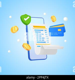 Concetto di sicurezza dei pagamenti online con smartphone, carte bancarie, fattura, monete d'oro fluttuanti e scudo con segno di spunta. Trasferimento finanziario sicuro con telefono cellulare, carte di credito e ricevuta. vettore 3d. Illustrazione vettoriale Illustrazione Vettoriale