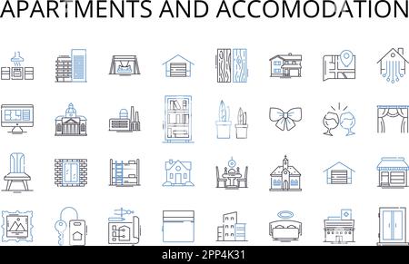 Appartamenti e linea di alloggi collezione icone. Skyline e orizzonte, Shelter e casa, edificio e struttura, proprietà e proprietà, Residency e. Illustrazione Vettoriale