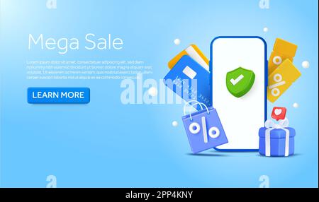 Schermata del telefono con pagamento di successo, con carte bancarie, confezione regalo, borsa per lo shopping e voucher su sfondo gradiente. Concetto di banner per il commercio online, la promozione, le campagne pubblicitarie. vettore 3d. Illustrazione vettoriale Illustrazione Vettoriale