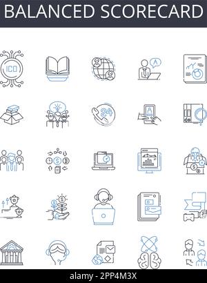 Collezione equilibrata di icone linea scorecard. Valutazione dei rischi, processo decisionale, gestione dei progetti, analisi finanziaria, risorse umane, Marketing Illustrazione Vettoriale